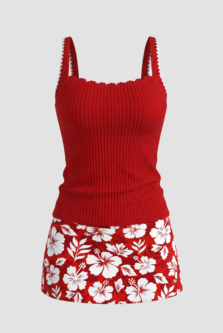 Classic Hibiscus Tankini Set – Bright Red 2-Piece Swimsuit with Ruffled Top