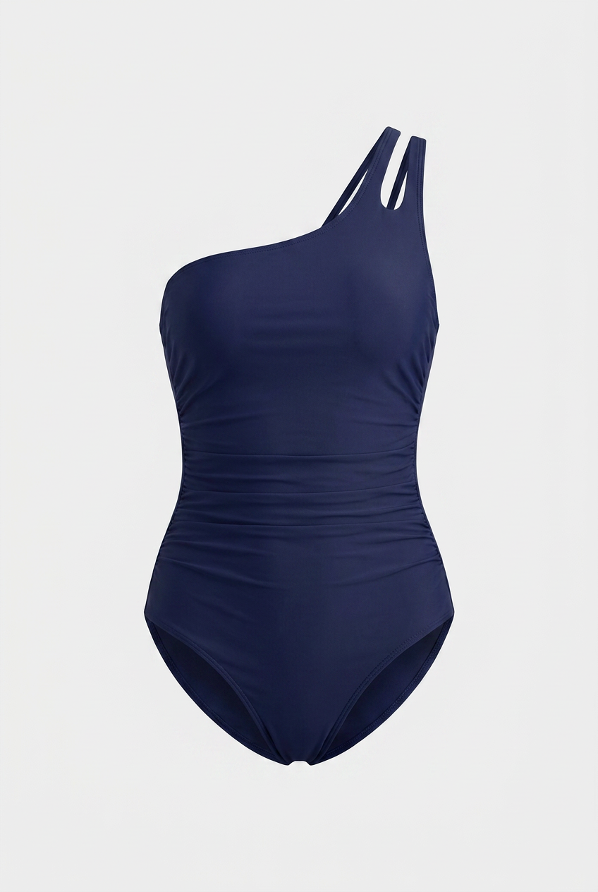 Classic Navy Blue One-Shoulder Swimsuit – Elegant Tummy Control Suit