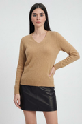 Damski brązowy sweter z dekoltem w serek