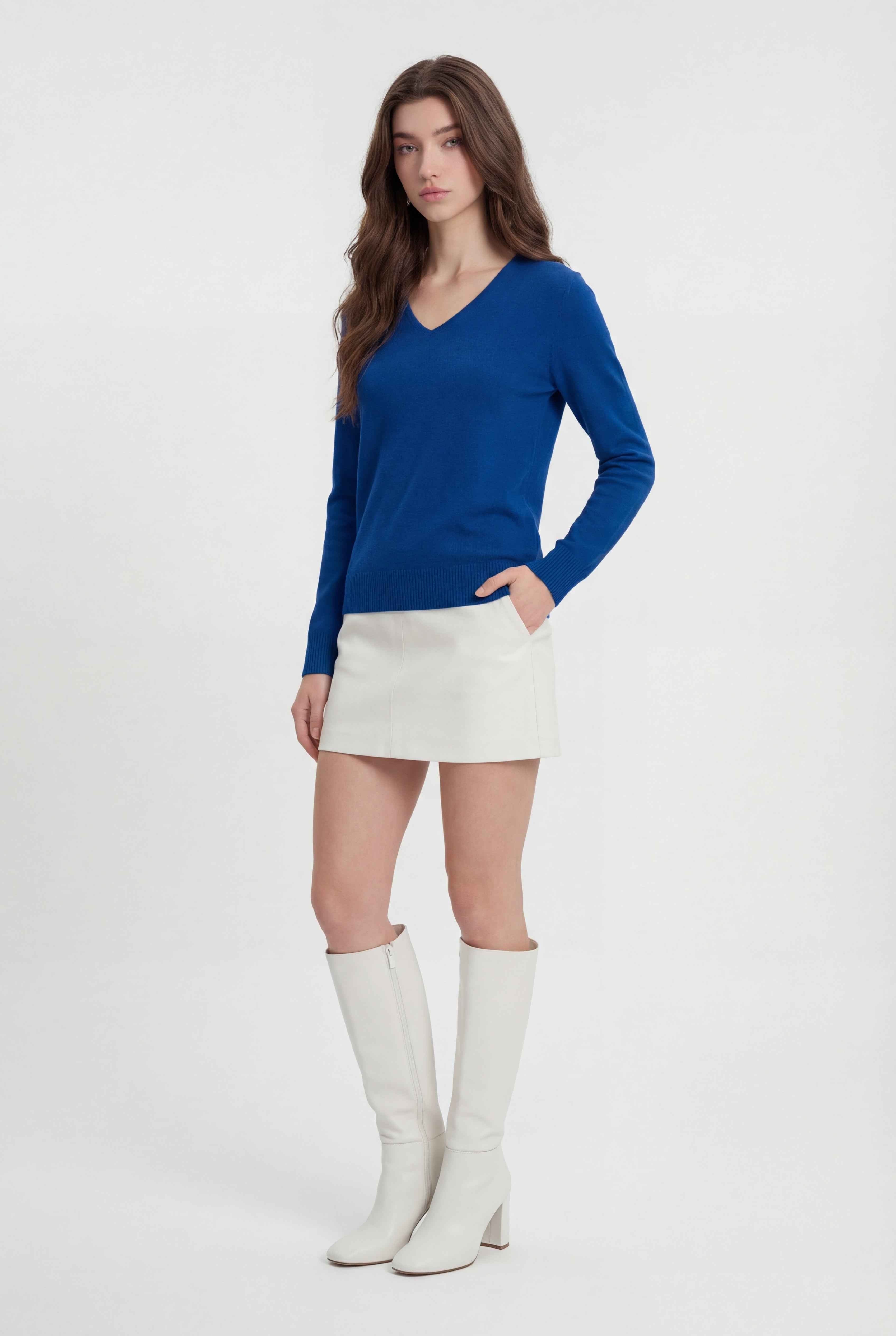 Dames Donkerblauw Merinowollen V-hals Trui