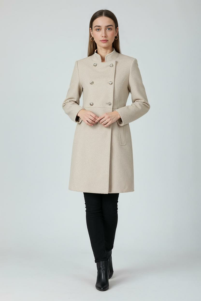 Dames Khaki Jas Winter Met Dubbele Rij Knopen