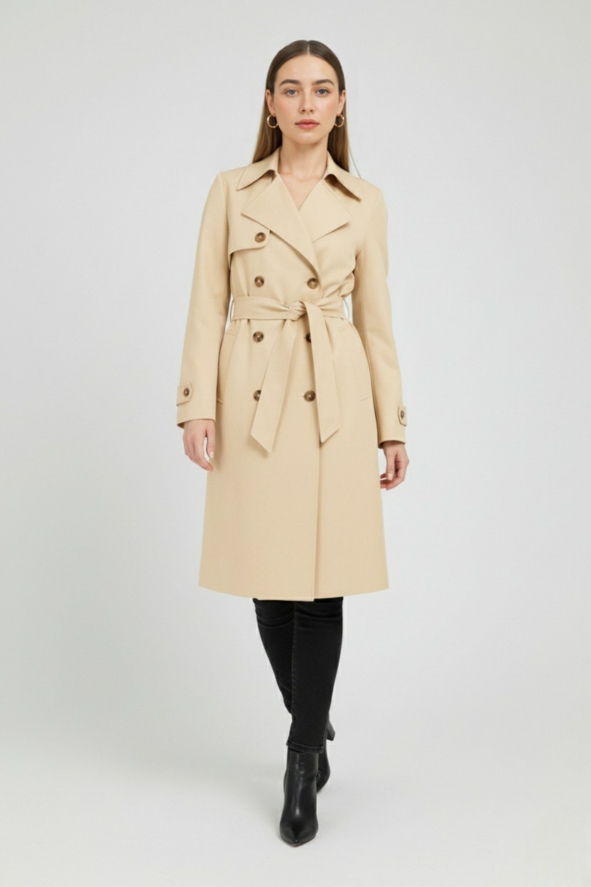 Dames Lange Beige Trenchcoat met Riem