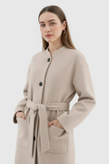 Women's Long Beige Winter Coat with Crew Neck