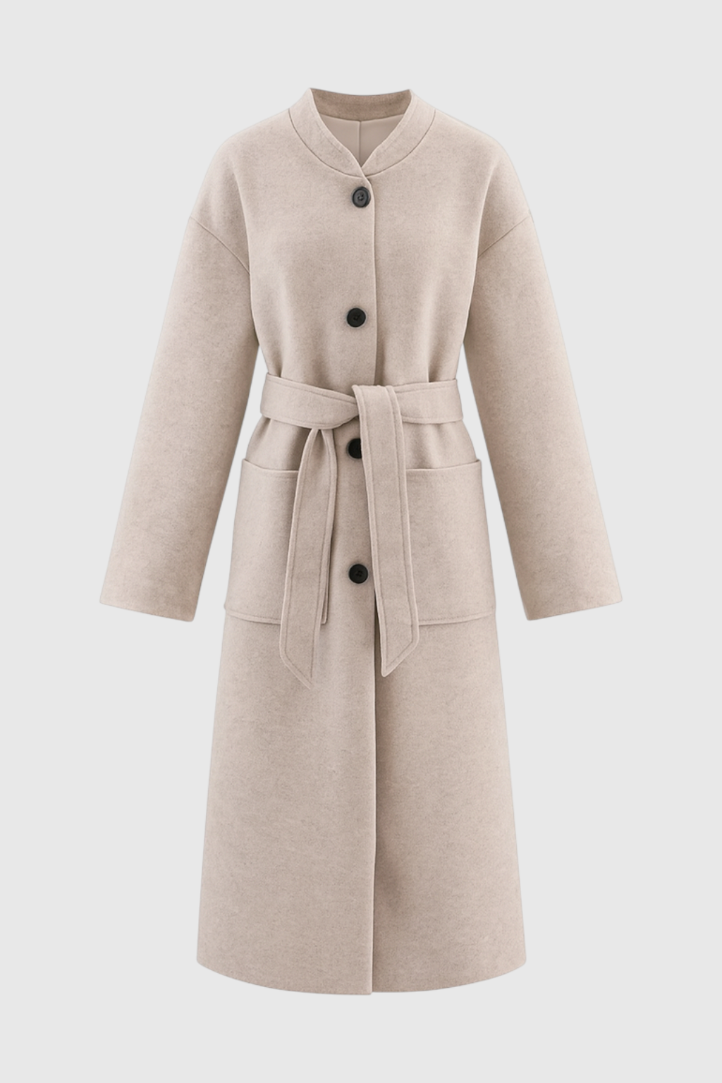 Dames Lange Beige Winterjas Met Ronde Hals