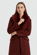 Women's Burgundy Long Faux Fur Collar Winter Coat for Cold Weather