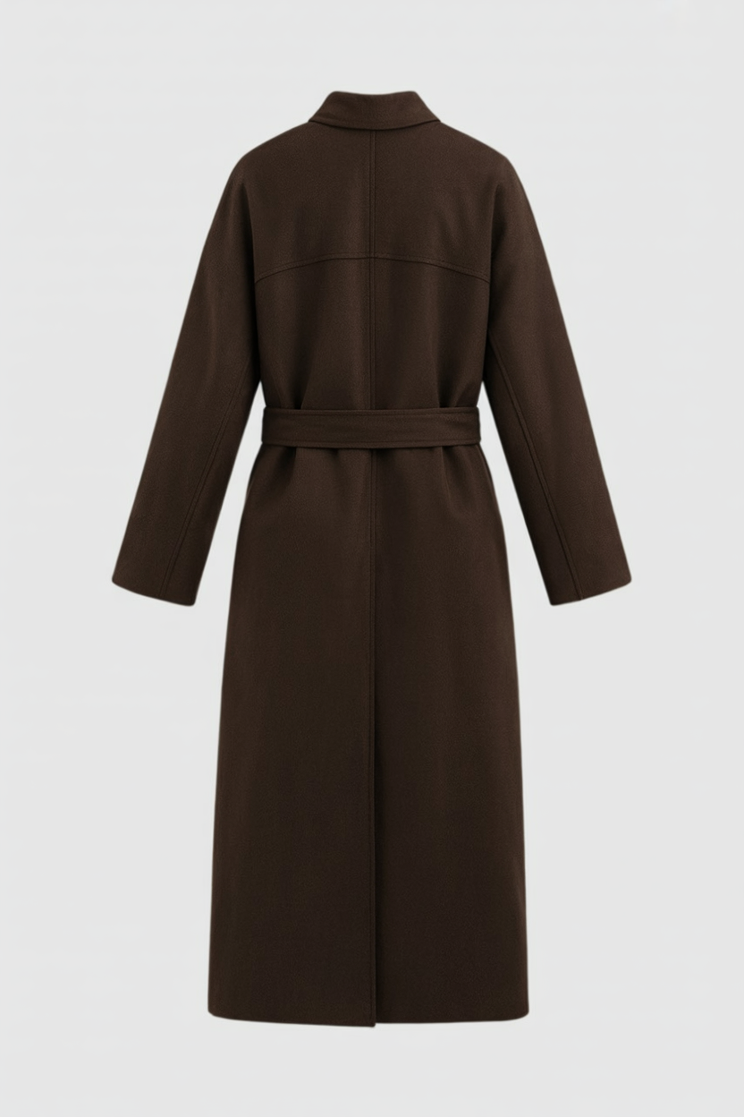 Dames Lange Bruin Winterjas Met Ronde Hals