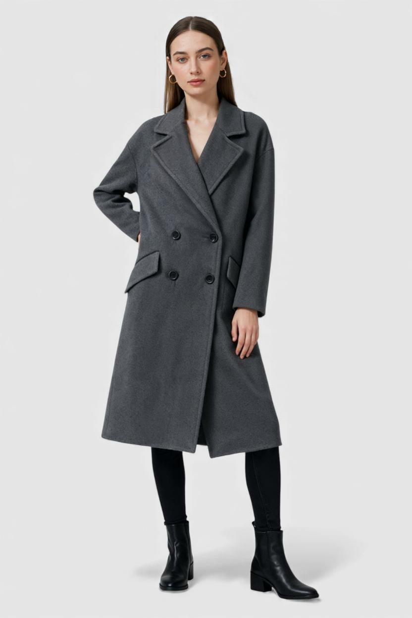 Dames Lange Donkergrijs Winterjas met Flip-Kraag