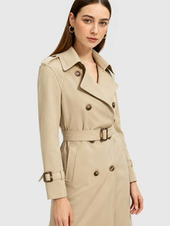 Damski klasyczny khaki płaszcz trench z paskiem - Długi i stylowy