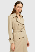 Women's Long Khaki Trench Coat with Belt - Classic Double-Breasted Style
