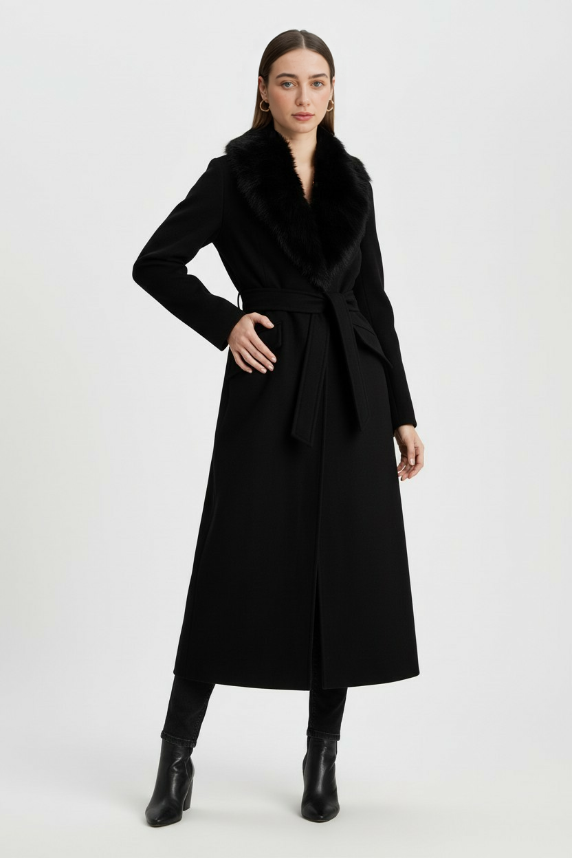 Dames Lange Zwart Wollen Jas met Bontkraag