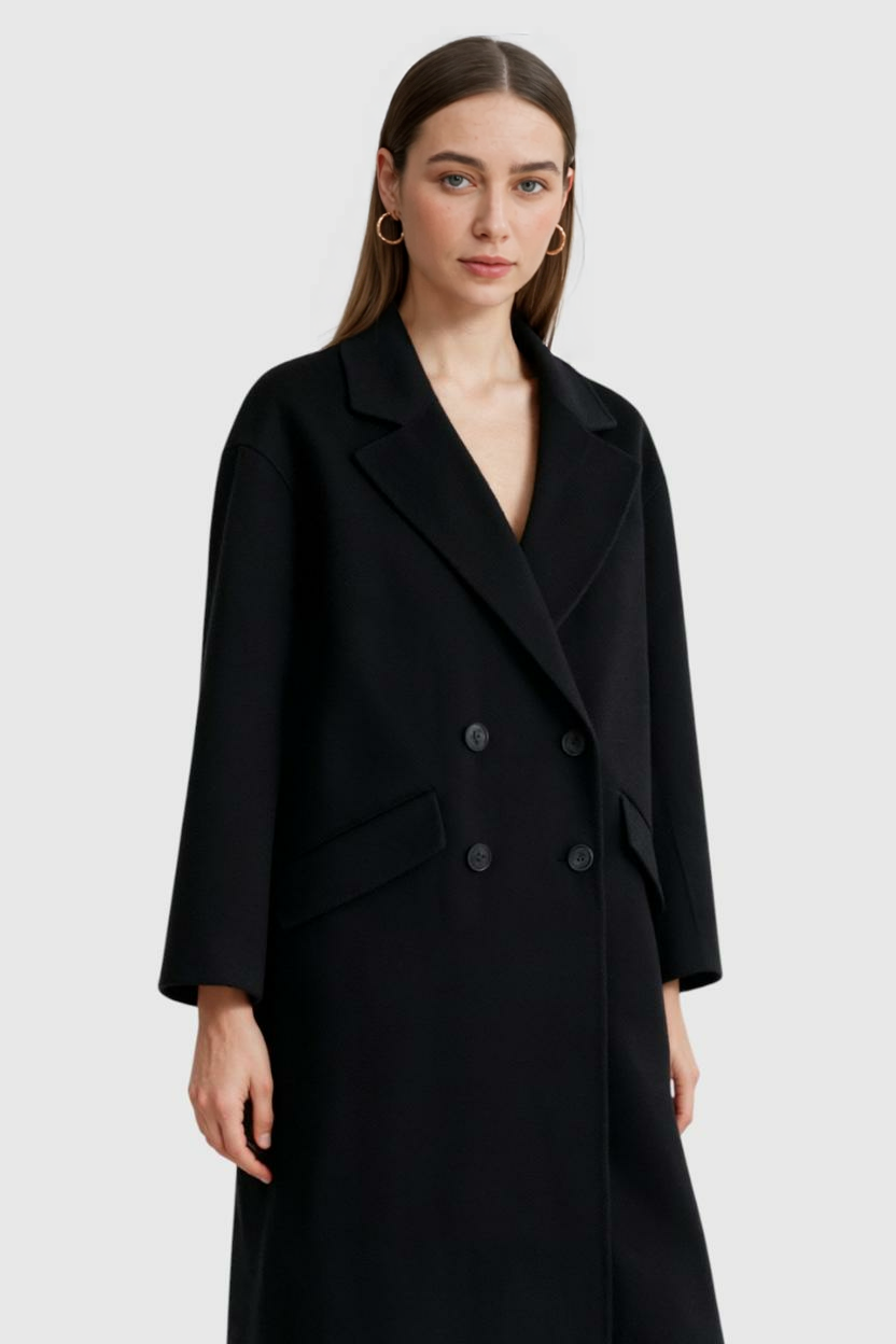 Dames Lange Zwarte Winterjas met Flip-Kraag