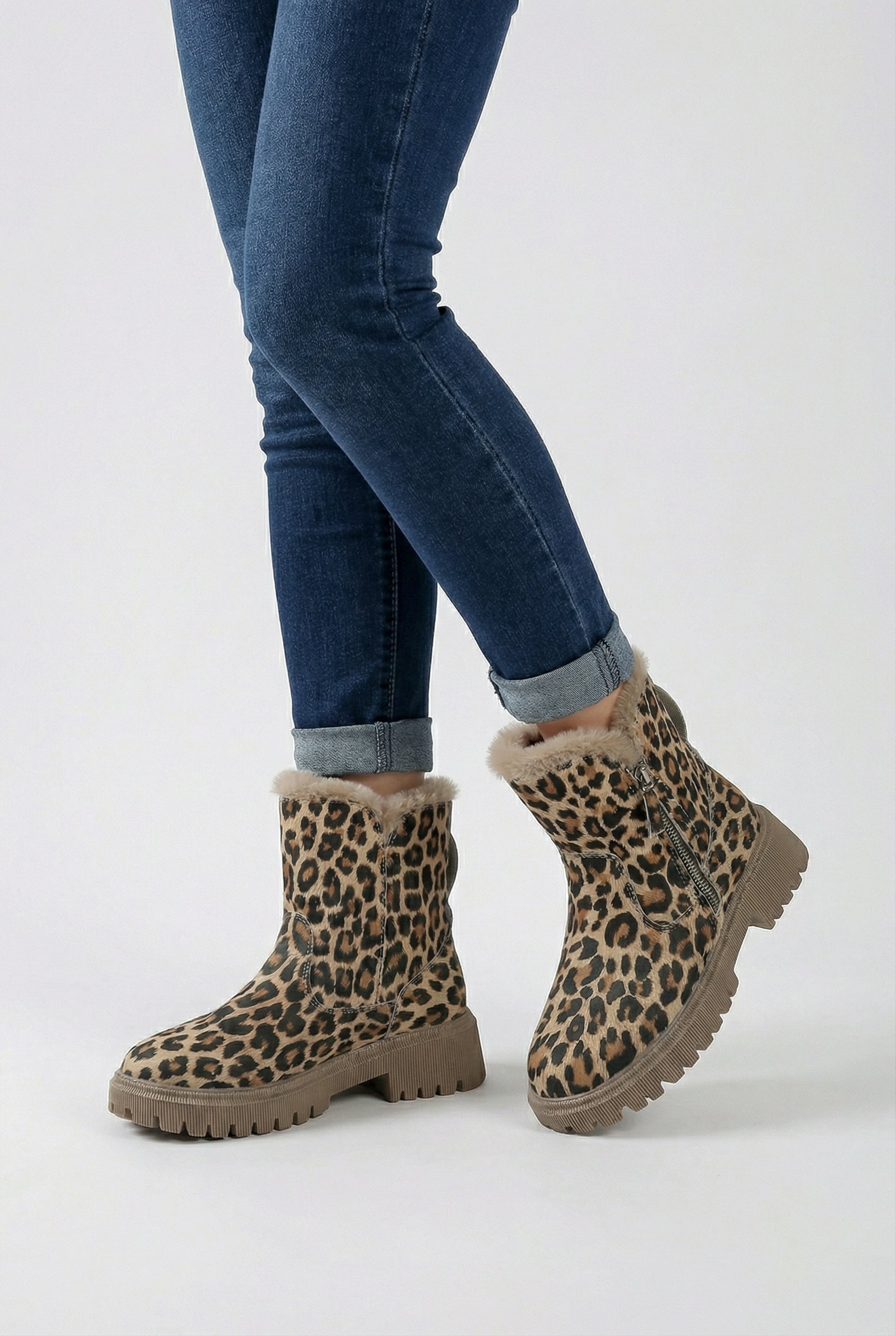 Women's Warm Leopard Ankle Boots with Non-Slip Sole