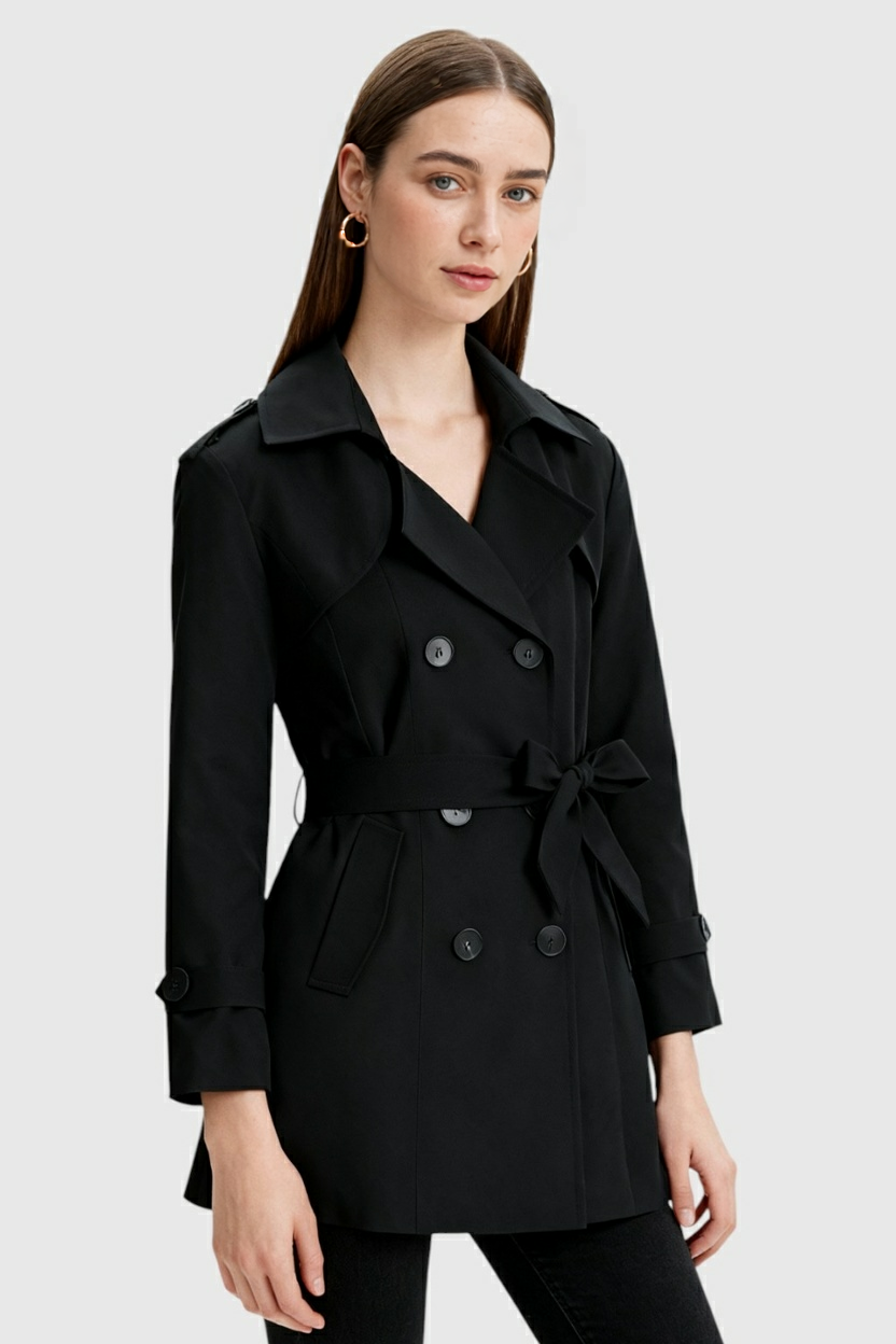 Dames Zwart Halflange Trenchcoat