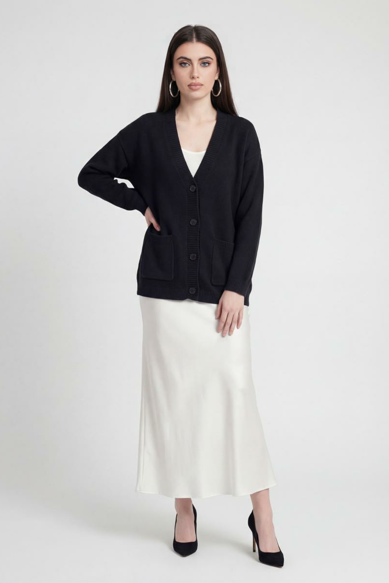 Women's Black V-Neck Knit Cardigan - View 2 | Vanda Liamo