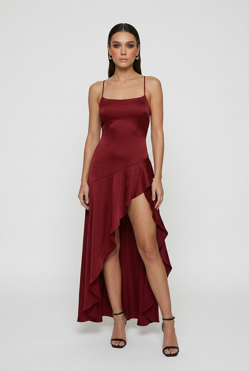 Wine Red Evening Dress with Open Lace-Up Back