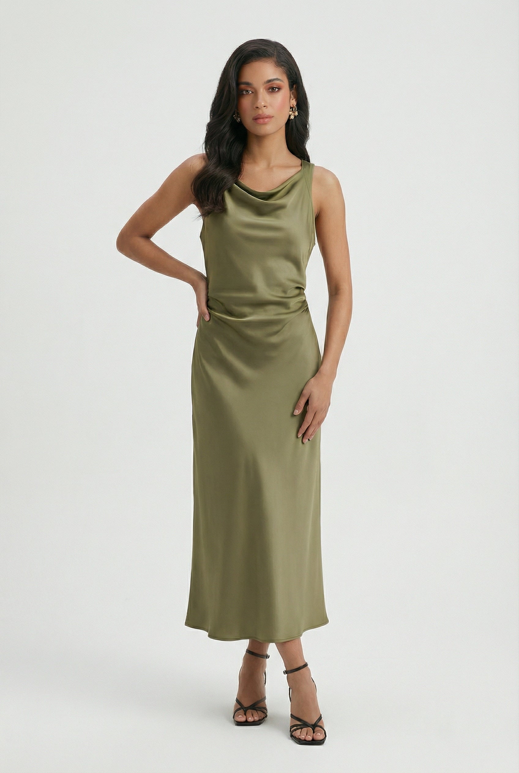 Women's Summer Dress - Olive Green Satin Dress for the Summer
