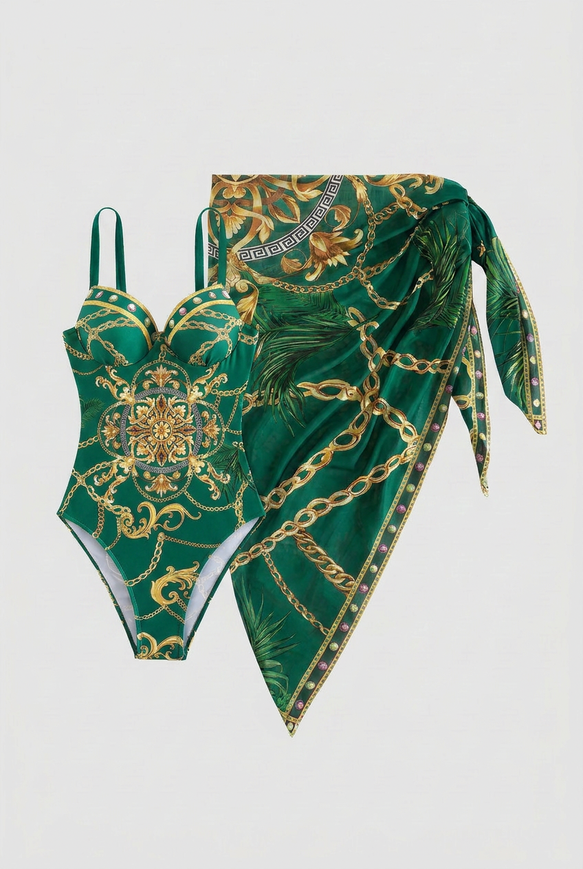 Emerald Green Vintage Monokini with Sheer Wrap Skirt