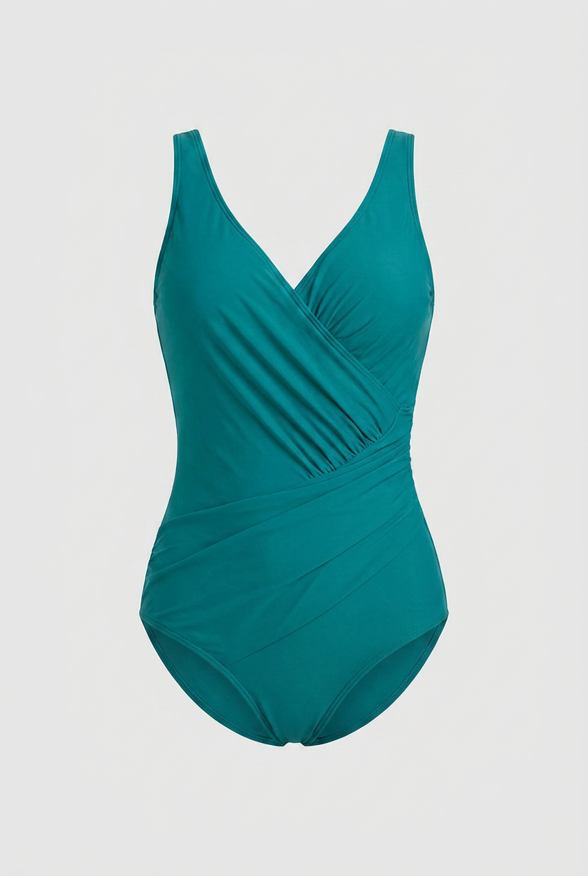 Green Ruched One-Piece - Elegant Wrap Front Swimwear