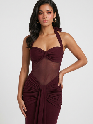 Halter Maxi Dress for Women - Wine Red, Contoured Fit, Perfect for Evening Parties