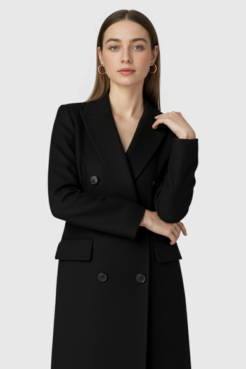 Lange Zwarte Wollen Winterjas voor Dames