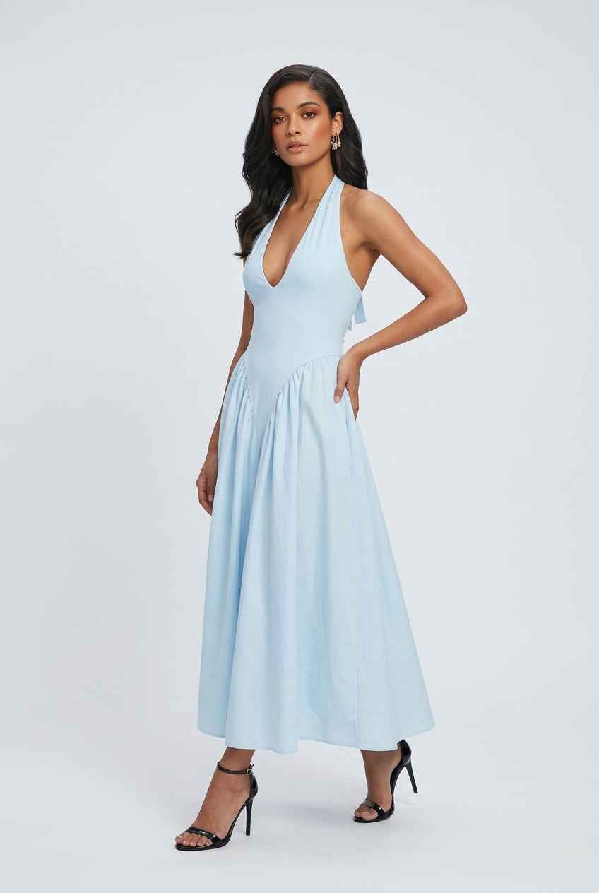 Light Blue Midi Cocktail Dress – Soft Elegant Fit for Weddings & Summer Events