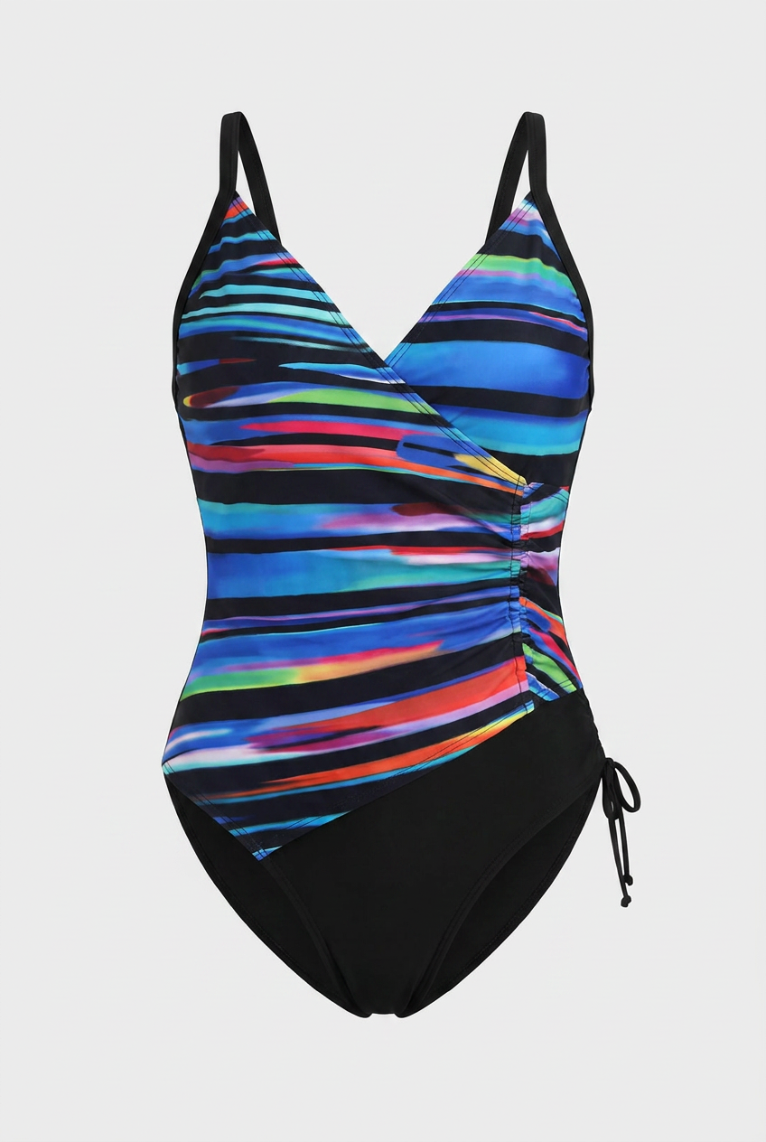 Midnight Aurora Wrap One-Piece – Vibrant Multicolored High-Contrast Swimsuit