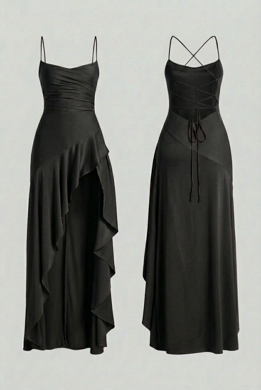 Modern Black Maxi Dress with Lace-Up Back Design