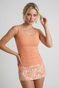 Peach Leaf Print Tankini Set – Soft Coral Swimwear with High-Waisted Skirt