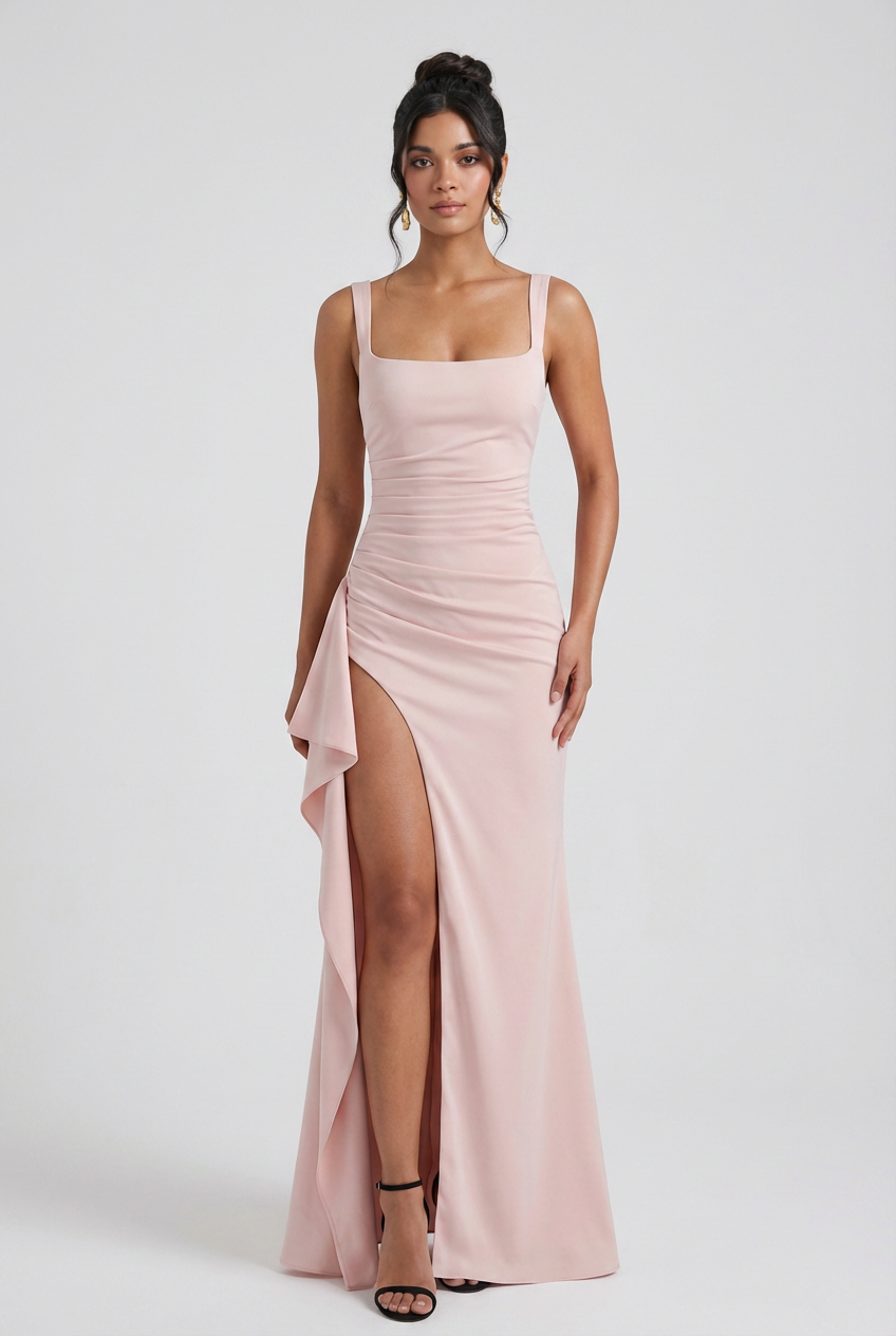 Pink Square Neck Maxi Dress for Women - Elegant Slimming Ribbed Knit with Slit for Evenings