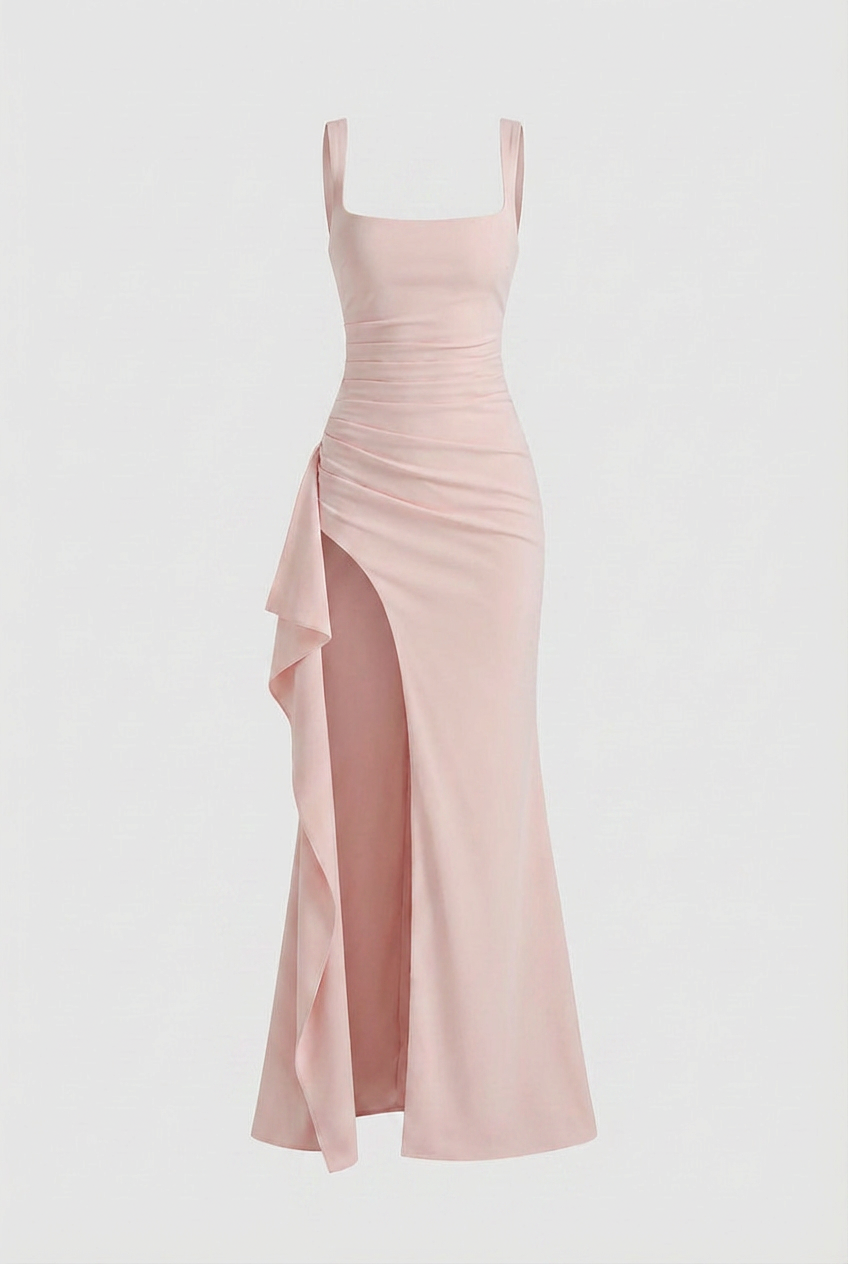 Pink Square Neck Dress with Slit - Elegant Slimming Fit