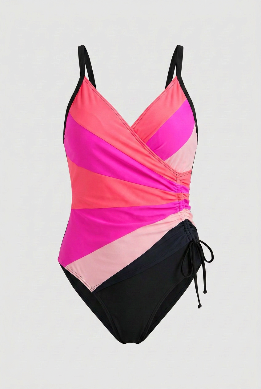 Pink and Coral Wrap Swimsuit – Sunset Geometric One-Piece