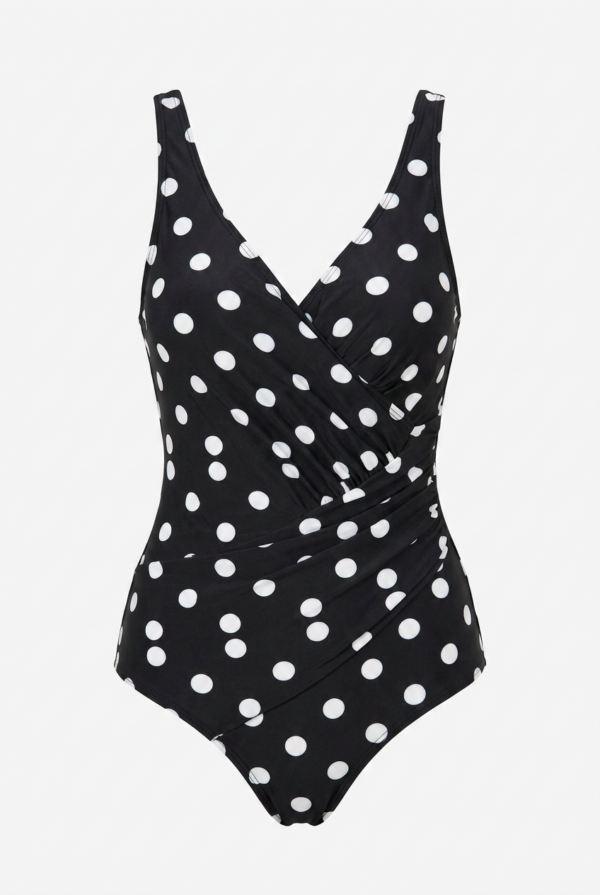 Polka Dot Retro Swimsuit - Ruched Wrap Tummy Control One-Piece