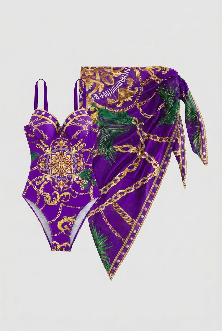 Purple Baroque Print Monokini with Matching Tie Beach Skirt