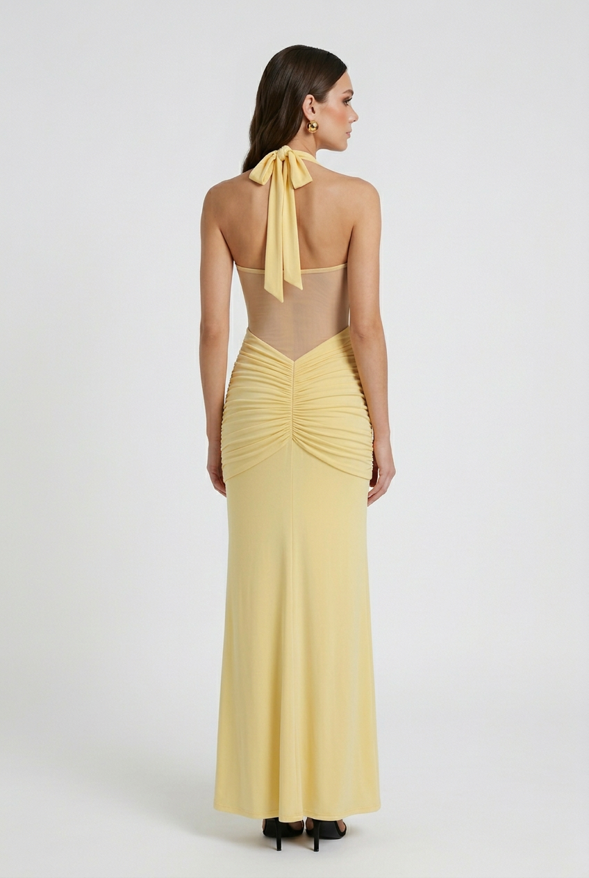 Yellow Halter Maxi Dress with Ruched Detail