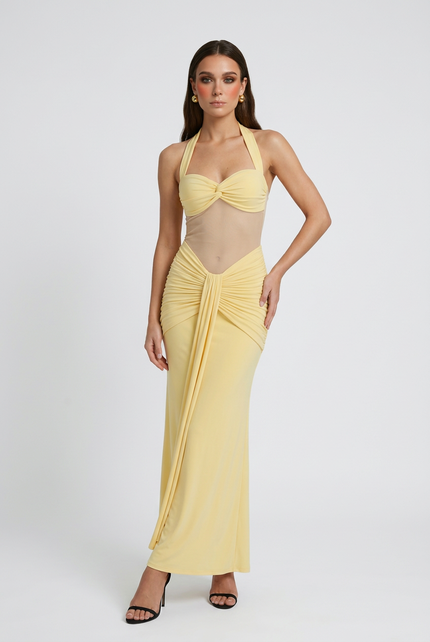 Yellow Halter Maxi Dress with Ruched Detail