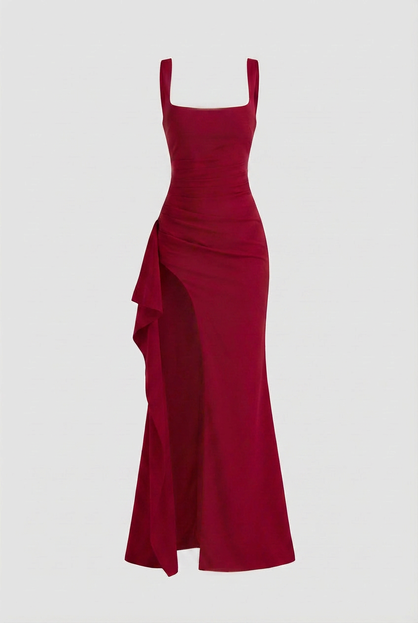Red Square Neck Dress with Slit - Bold Snatched Fit