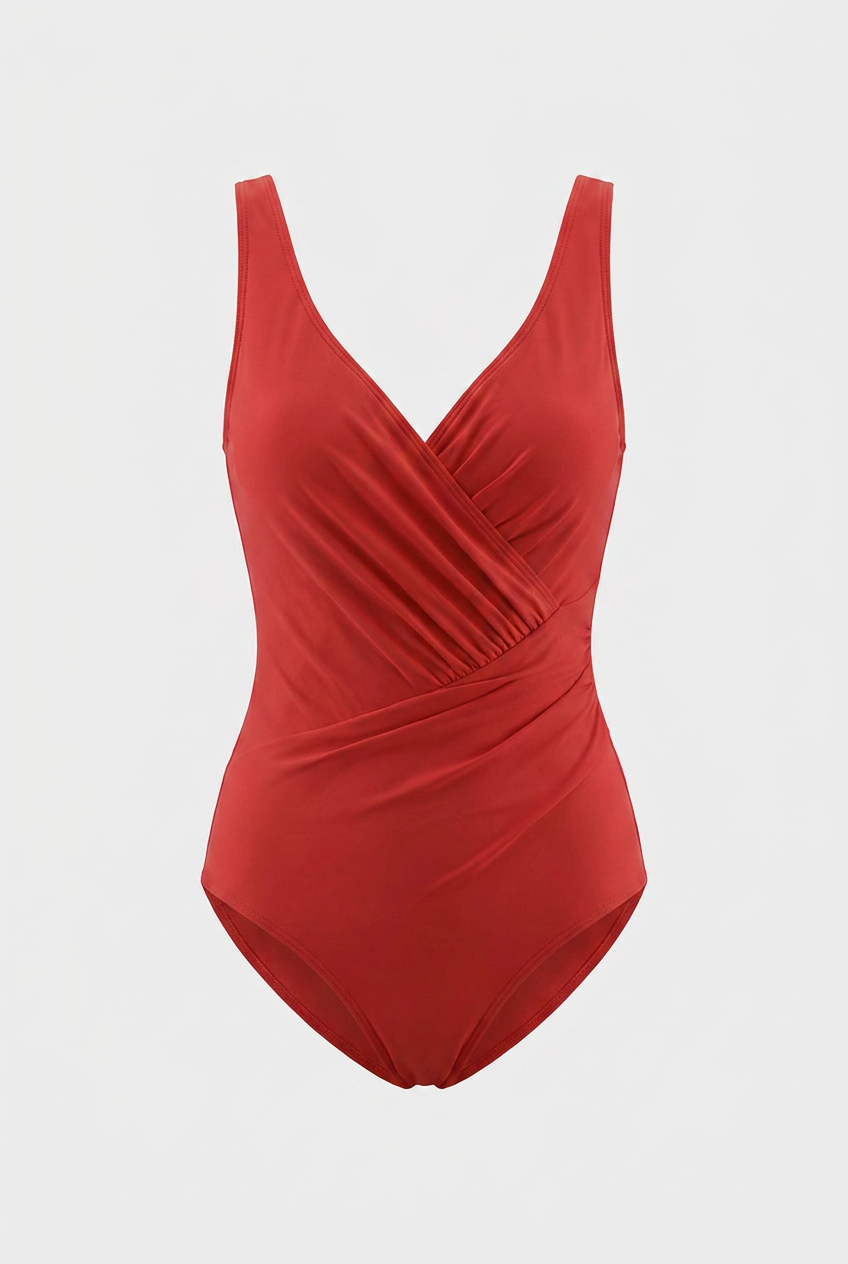 Red V-Neck Wrap Swimsuit - Ruched Tummy Control Monokini