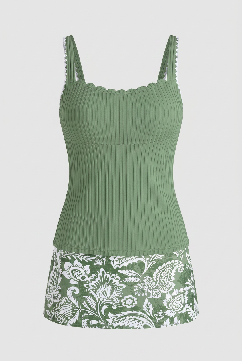 Sage Green Paisley Tankini Set – Comfort Fit Swim Skirt with Ruffle Trim