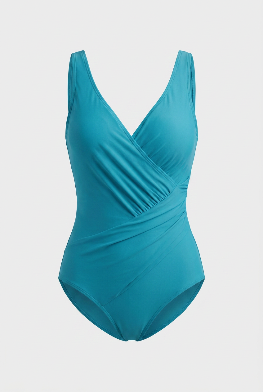 Sky Blue Surplice Swimsuit - Ruched Tummy Control Swimwear