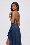 Women's Navy Blue Lace-Up Open Back Floral Lace Maxi Dress