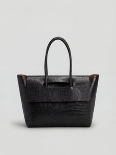 Women's Black Crocodile Pattern Handbag, Roomy &
