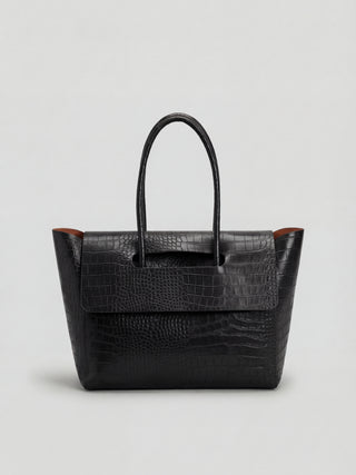 Women's Black Crocodile Embossed Faux Leather Shoulder Handbag - Large & Roomy Tote