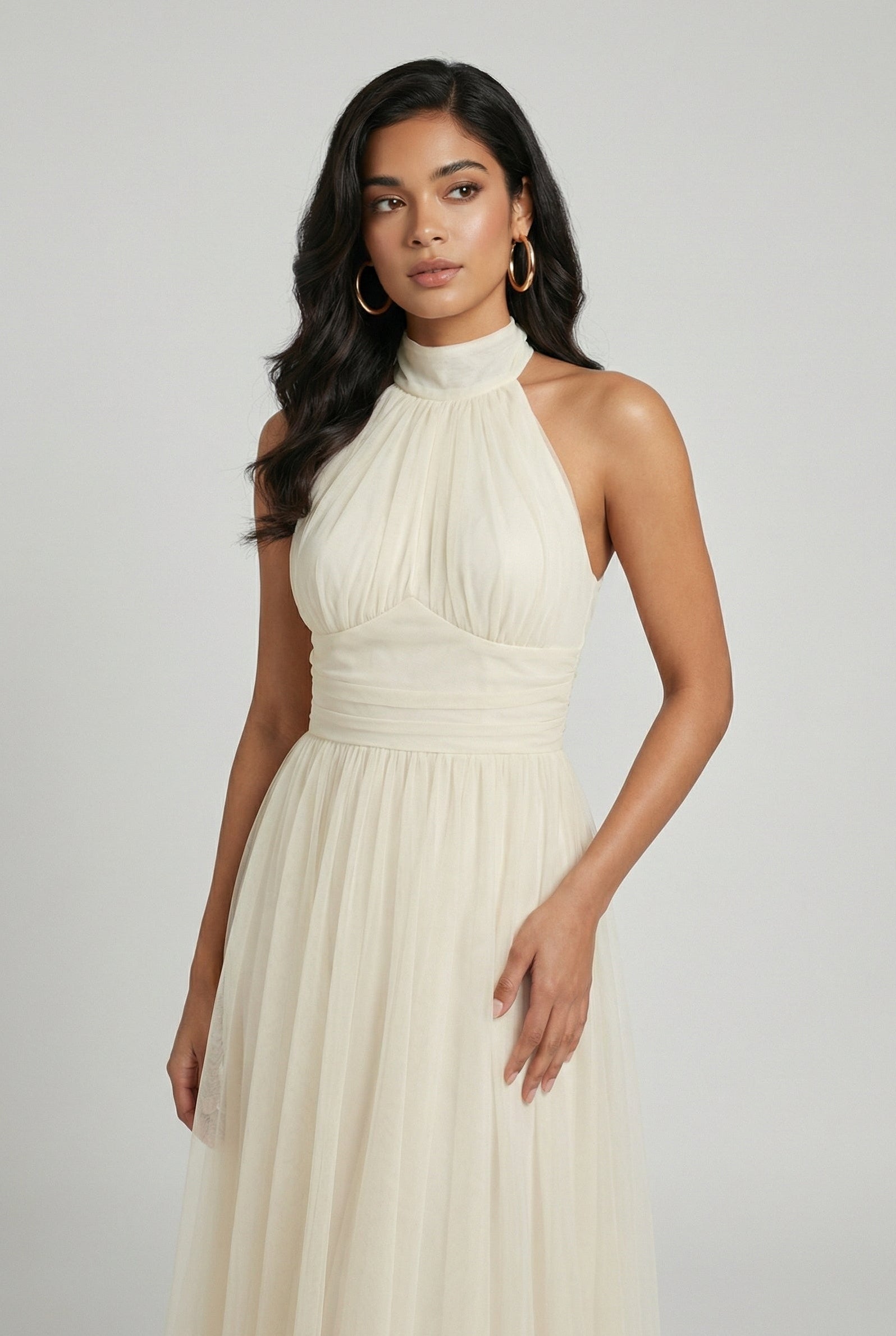 Cream High Neck Midi Dress