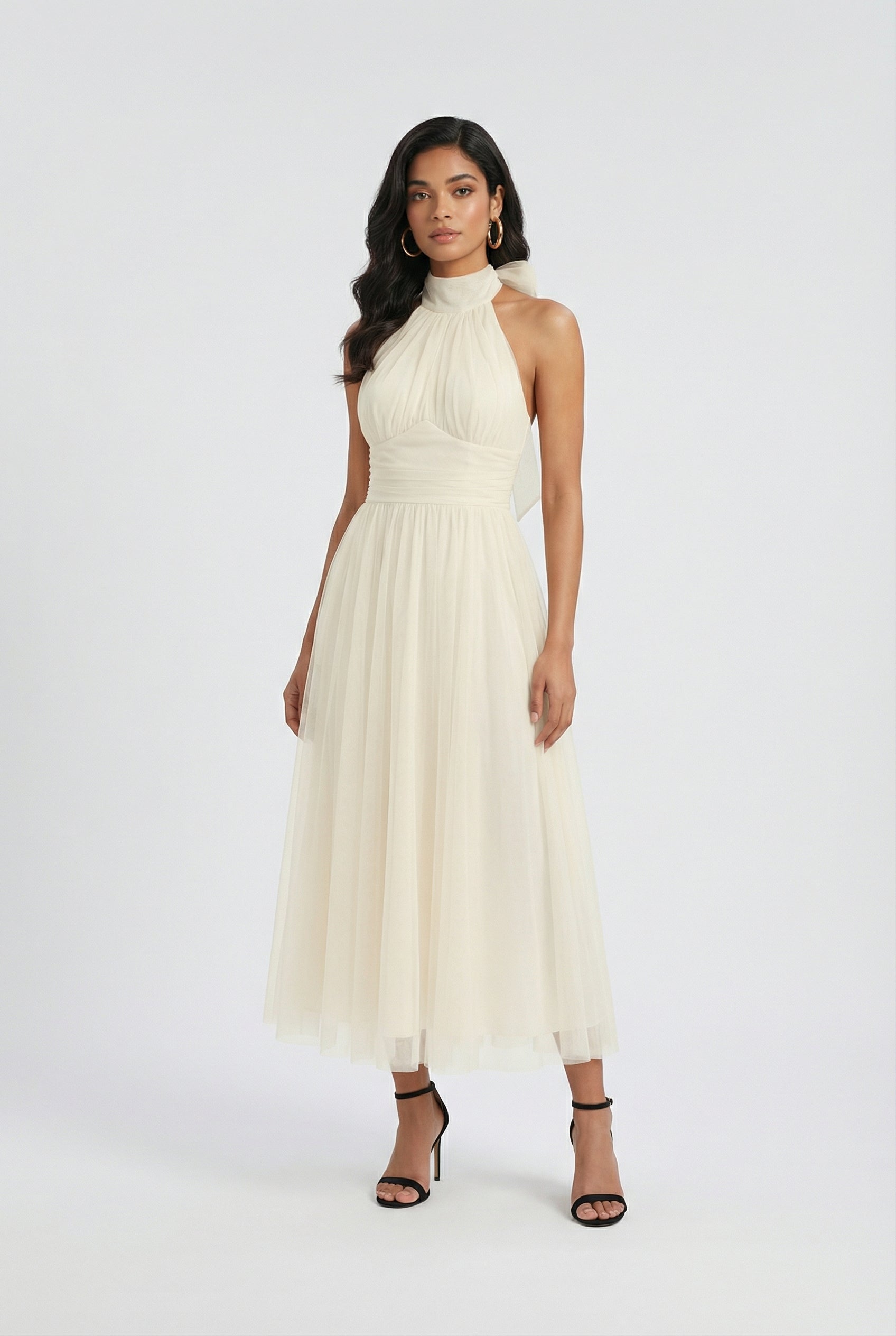 Cream High Neck Midi Dress