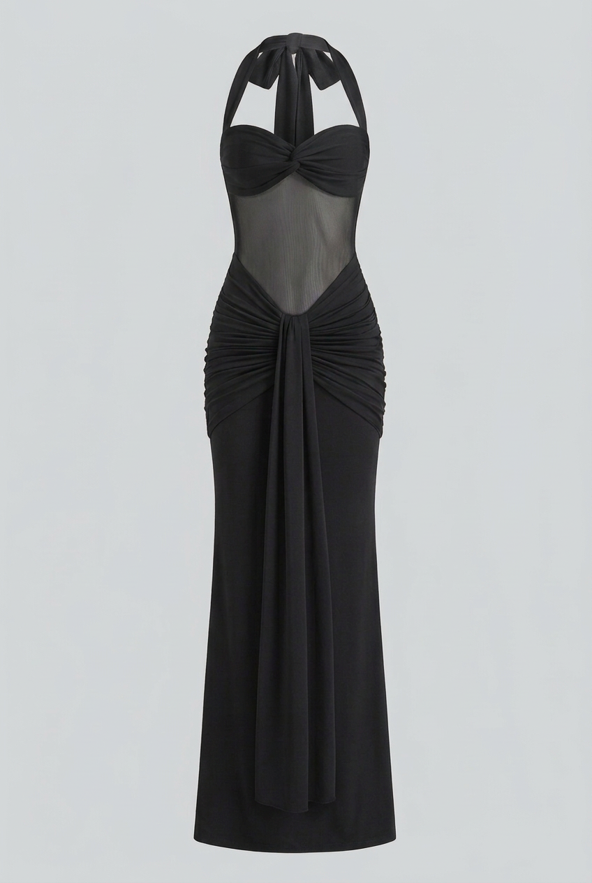 Black Halter Maxi Dress with Sculpted Silhouette