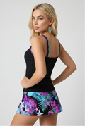 Tropical Starfish Ribbed Tankini Set – Black & Neon Purple Swimsuit with Skirt