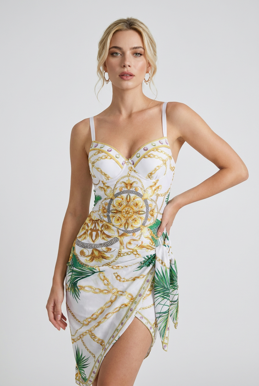 Swimwear : Women's White Gold Vintage Push-Up Skirted One-Piece Swimsuit in van Vandaliamo