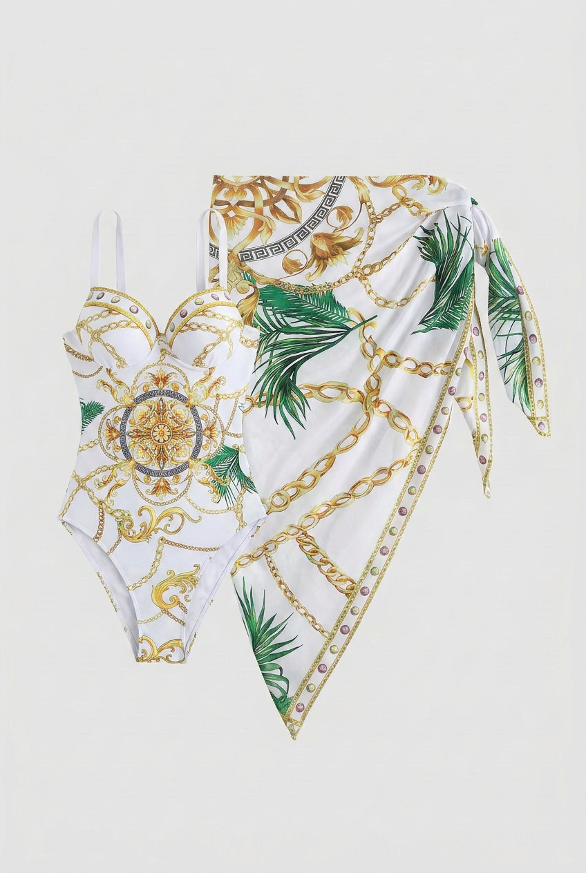 Vintage White and Gold Push Up One Piece Swimsuit with Skirt