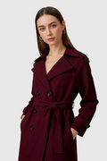 Women's Burgundy Long Wool Blend Belted Trench Coat with Pockets