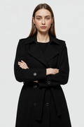 Women's Black Long Belted Trench Coat - Classic Fit, Warm Wool Blend